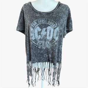 Grey AC/DC rock band tee with fringe